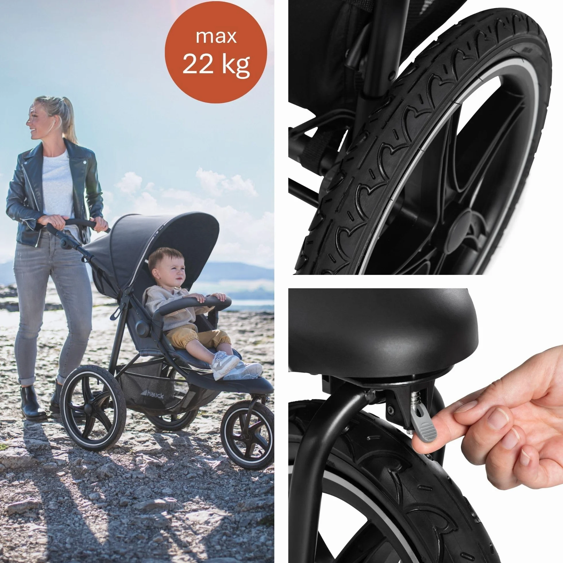 Hauck Runner 2 Dreirad Buggy Kinderwagen mit XL Luftreifen bis 22 kg, Schwarz, Federung, UV-Schutz 50+