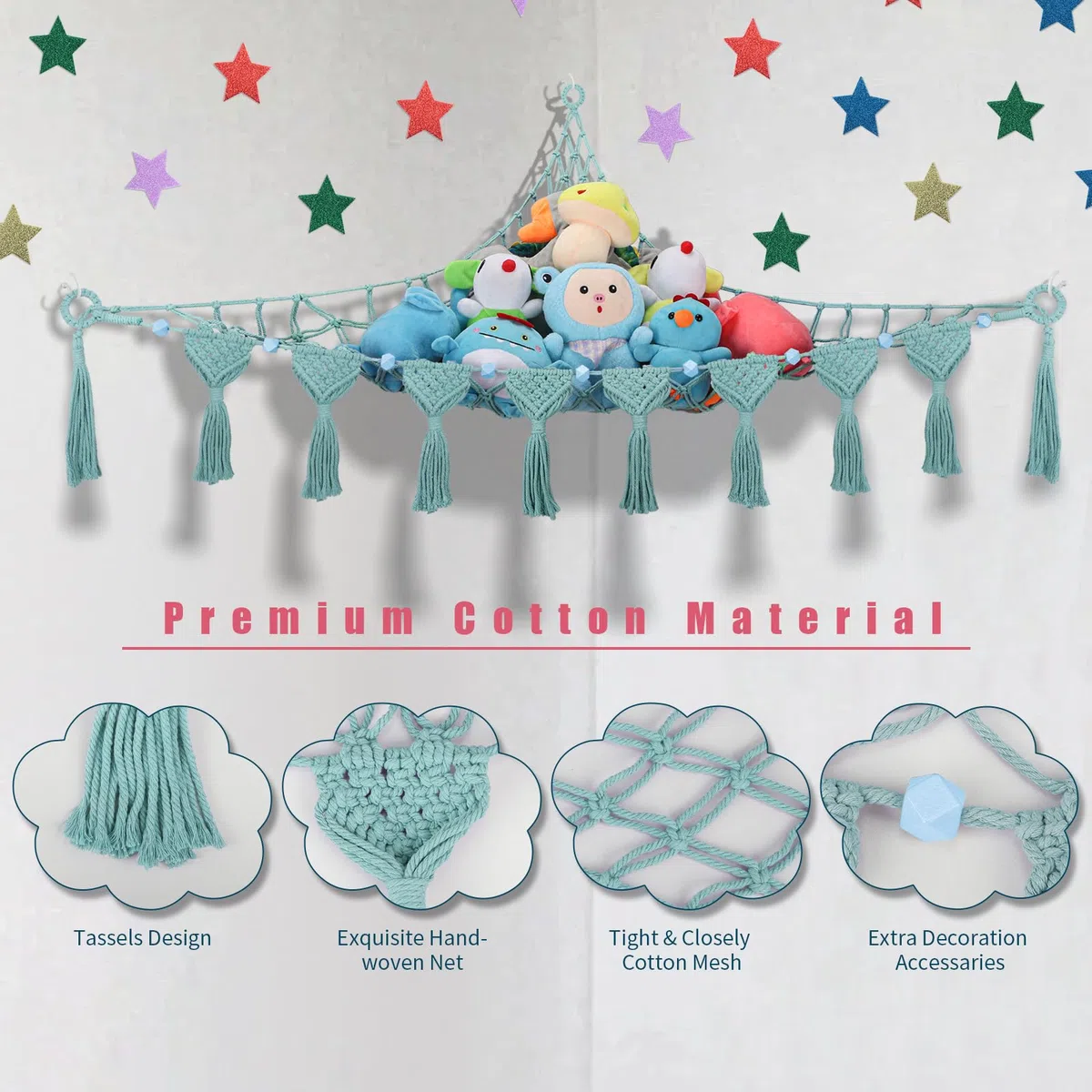 Stofftier-Hängematte, Hängenetz-Organizer für Spielzimmer, Kinderzimmer, Dekoration, Boho-Makramee-Quasten, Eckspielzeughalter, Wandmontage, Plüschtiernetz mit Lichterkette für Babyzimmer