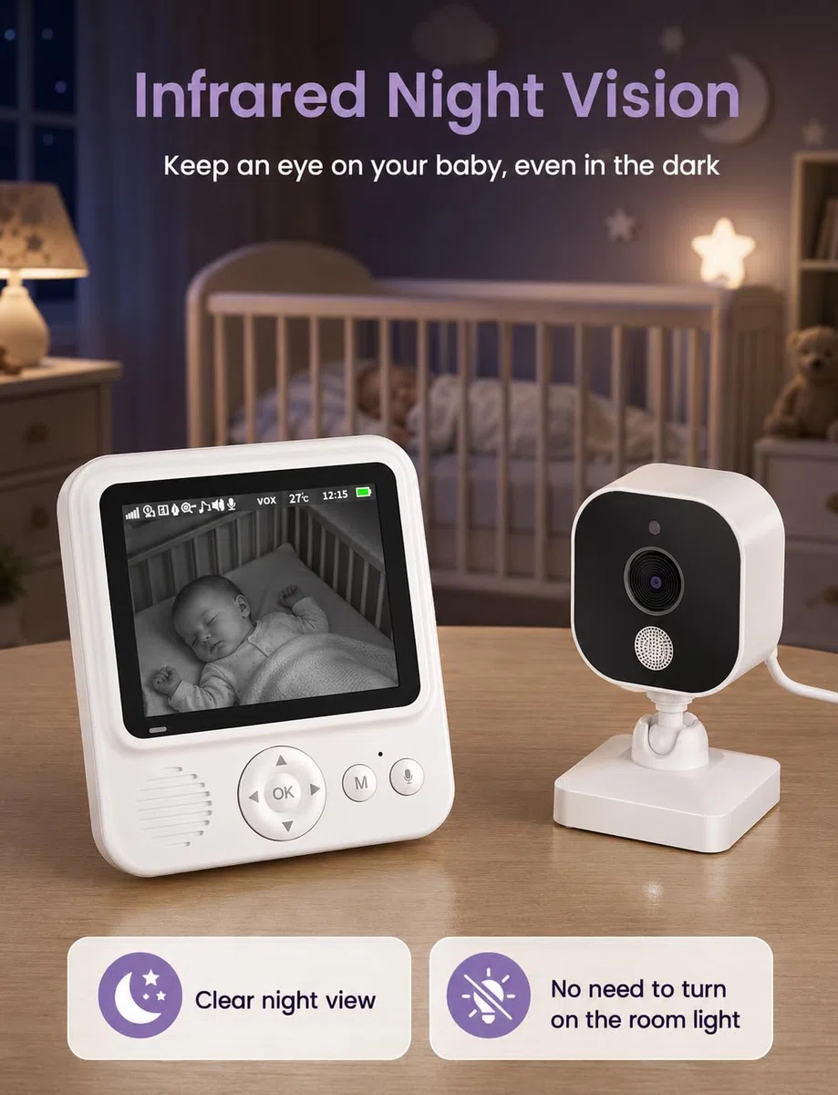 BURNNOVE Babyphone mit Kamera, Babyphone ohne WLAN, 96H VOX Akku, 720P IPS, Split Screen, Bewegungserkennung, Nachtsicht, 2-Wege-Audio, Temperaturüberwachung