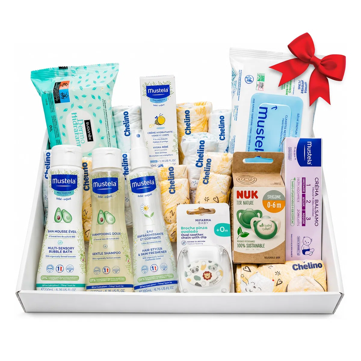 Geschenkkorb für Babys | Enthält Gel, Shampoo, Eau de Cologne und mehr | Schnuller und Clip 0-6 Monate | 10 Windeln Größe 2