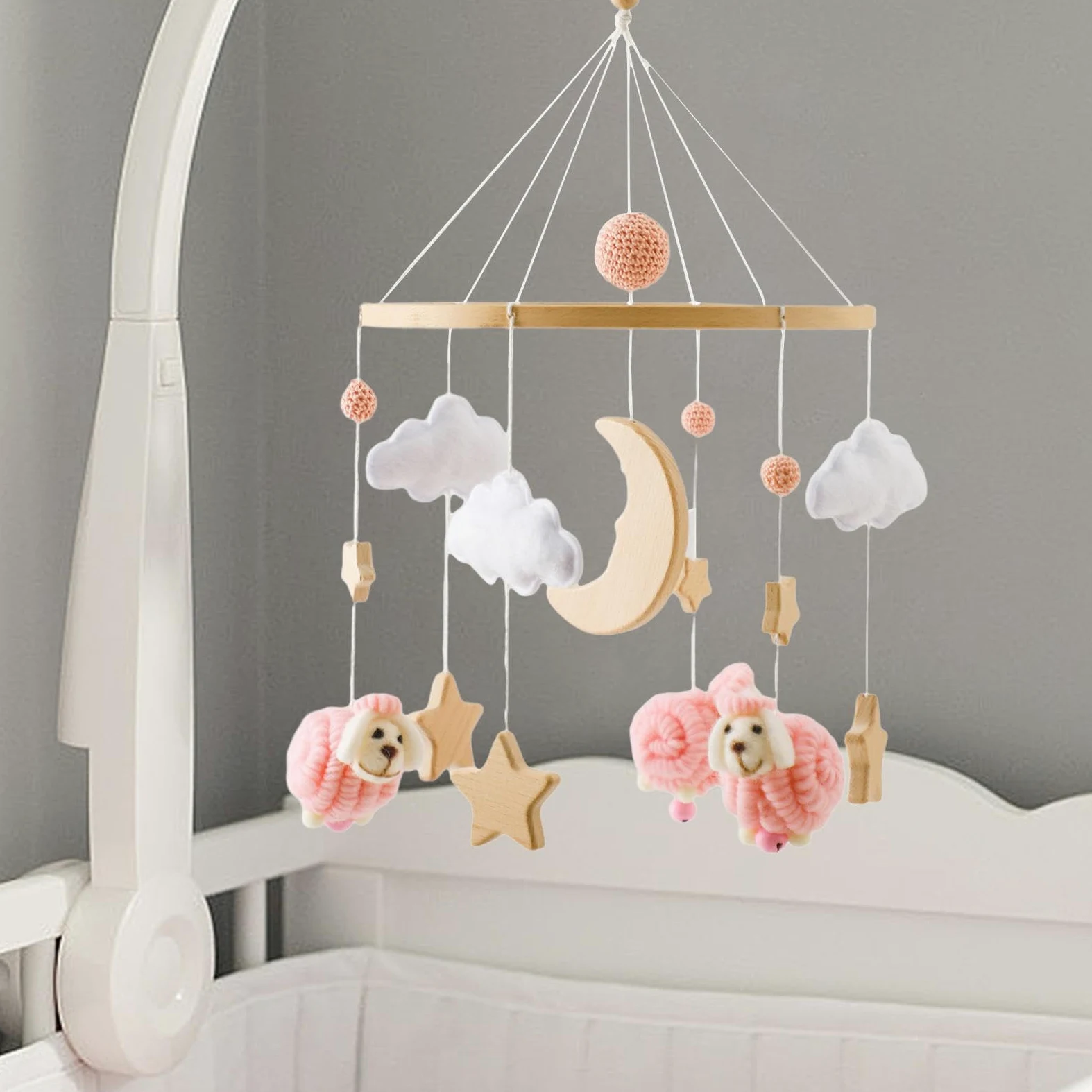Babybett Mobile mit Rasseln, Sensorischem Spielzeug, Bettglocke, Filz Hängedekoration für Neugeborene (0 6 Monate), Rosa