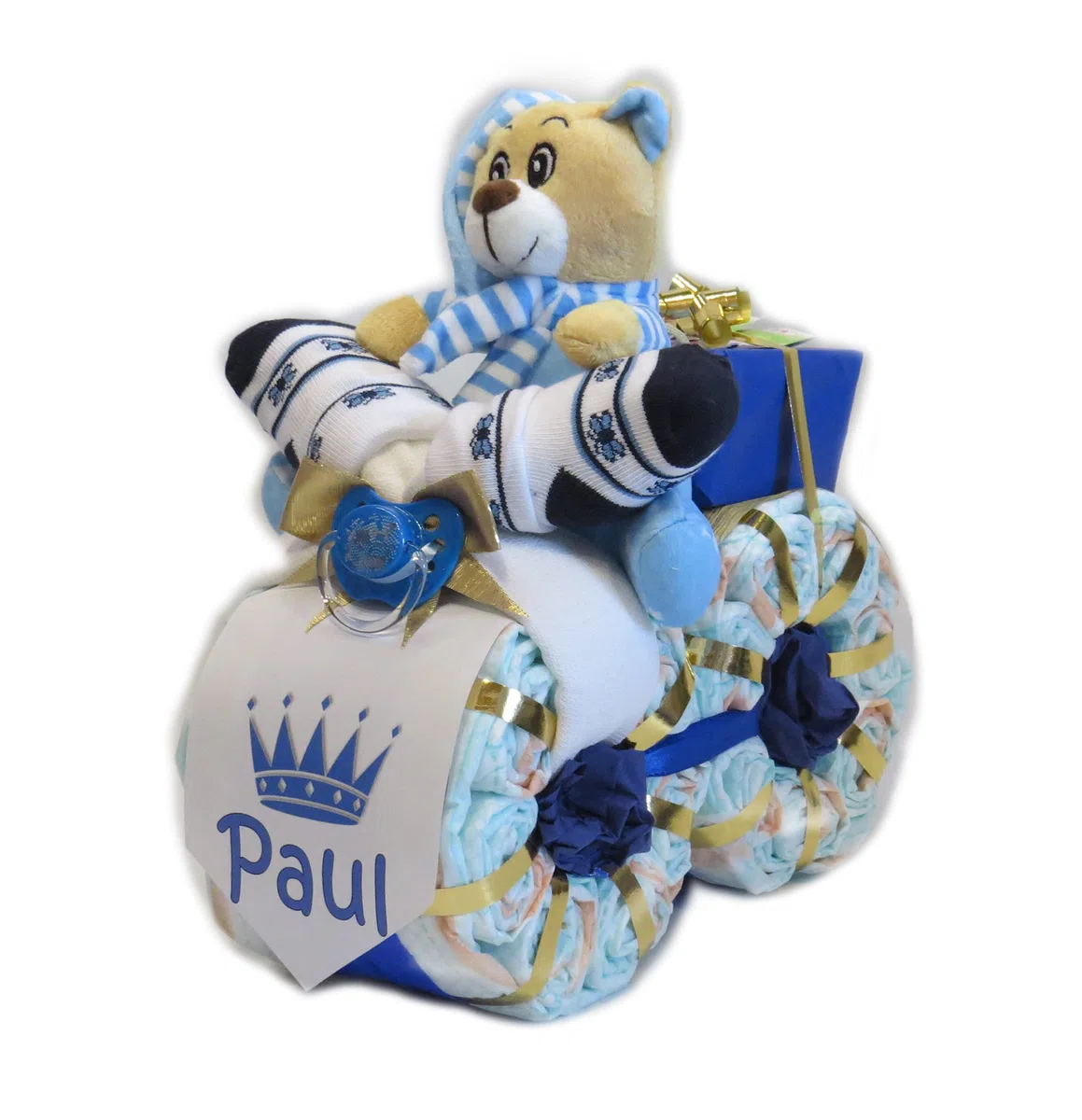 Windeltorte | Windelmotorrad Prinz mit Bär blau | Geschenk zur Geburt | Personalisiertes Windelgeschenk Junge
