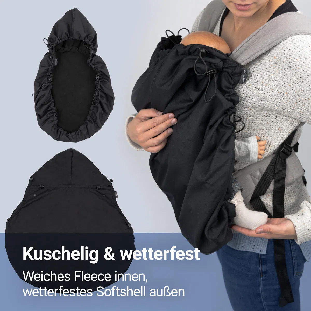 Zamboo Universal Babytrage Cover | Warmer Fleece Wetterschutz für viele Bauchtragen, kompatibel mit Ergobaby, Manduca, Ruckeli uvm. | OEKO-TEX Standard 100 zertifiziert - Schwarz