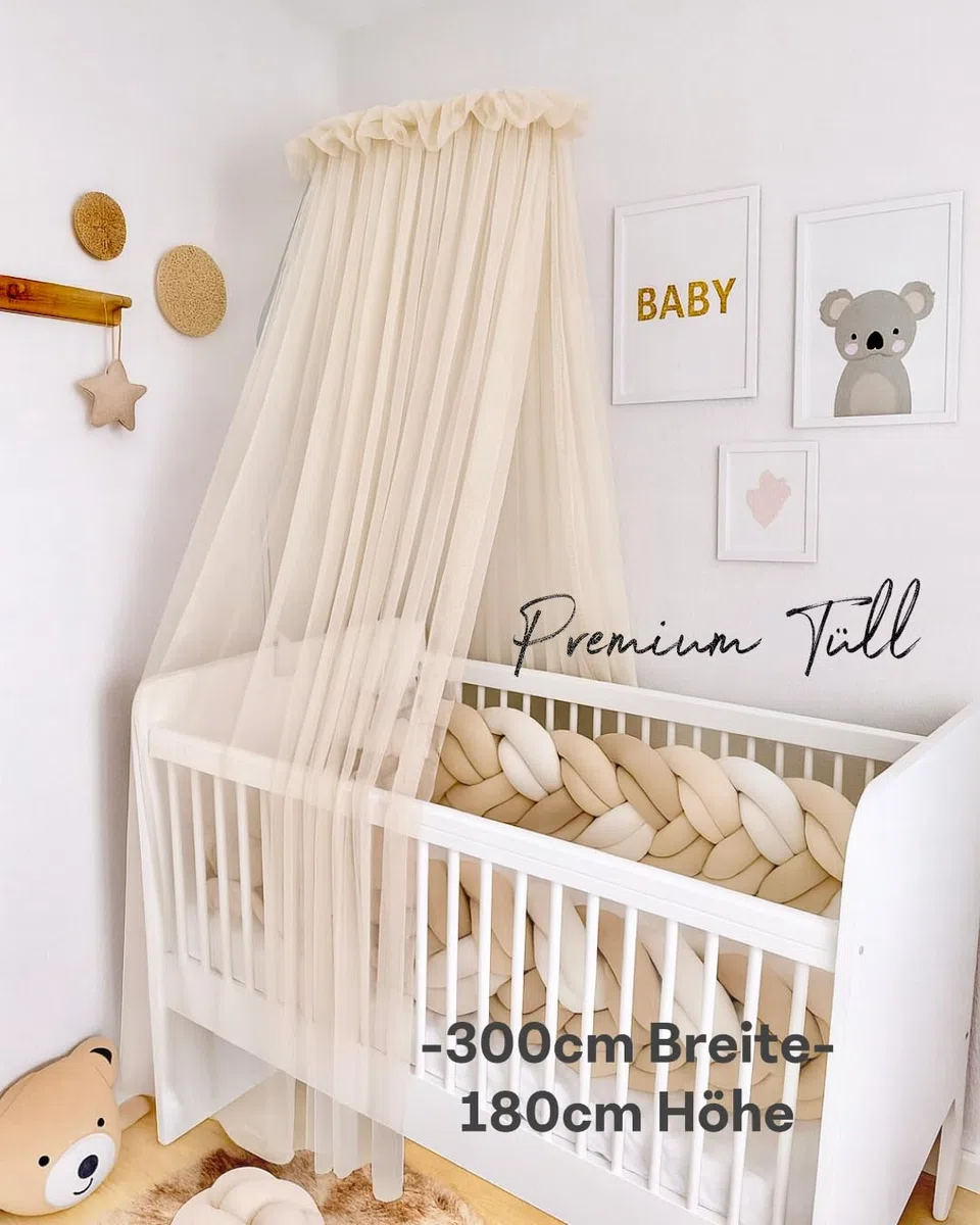 Baby Fancyroom Betthimmel für Babybett Gitterbett Kinderbett 300x180 cm – feiner Tüll, handgefertigt, eleganter Volant – erhältlich in Beige, Blau, Altrosa, Ecru (Beige)