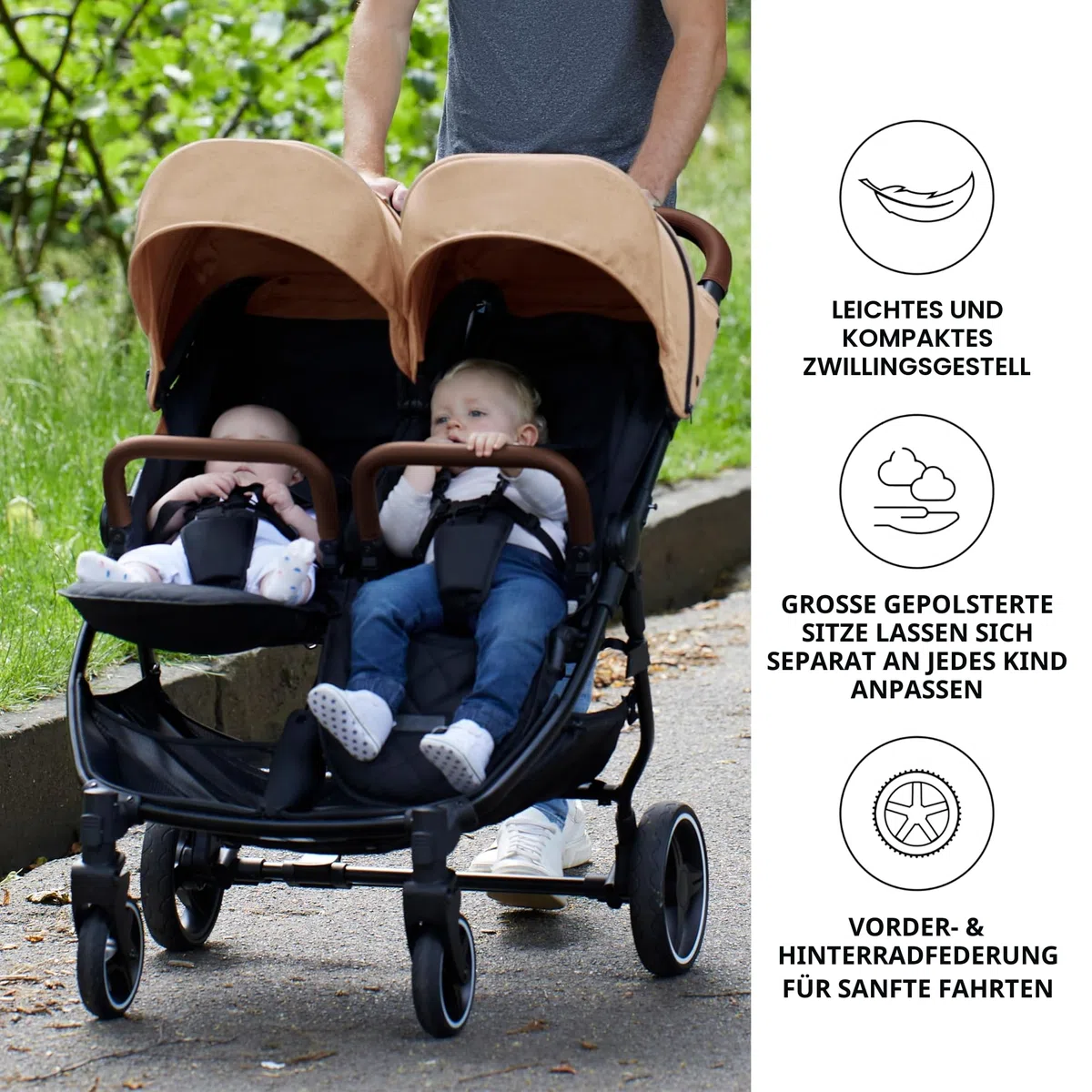 Ickle Bubba Venus Doppelkinderwagen - geeignet von Geburt bis 15 kg (ca. 3 Jahre), leichter, faltbarer Zwillingskinderwagen mit Regenschutz (Biscuit)