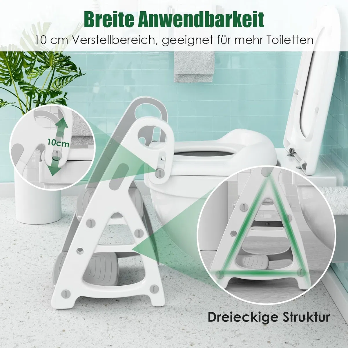 Baby-Toilettensitz 2 in 1 mit Treppe, Stabile Dreieckige Struktur, Kinder Tritthocker, Faltbar Töpfchentrainer mit verstellbarem Pedal und Sitzhöhe, mit großes Pedal und Griffe, PU-Futter, Grau