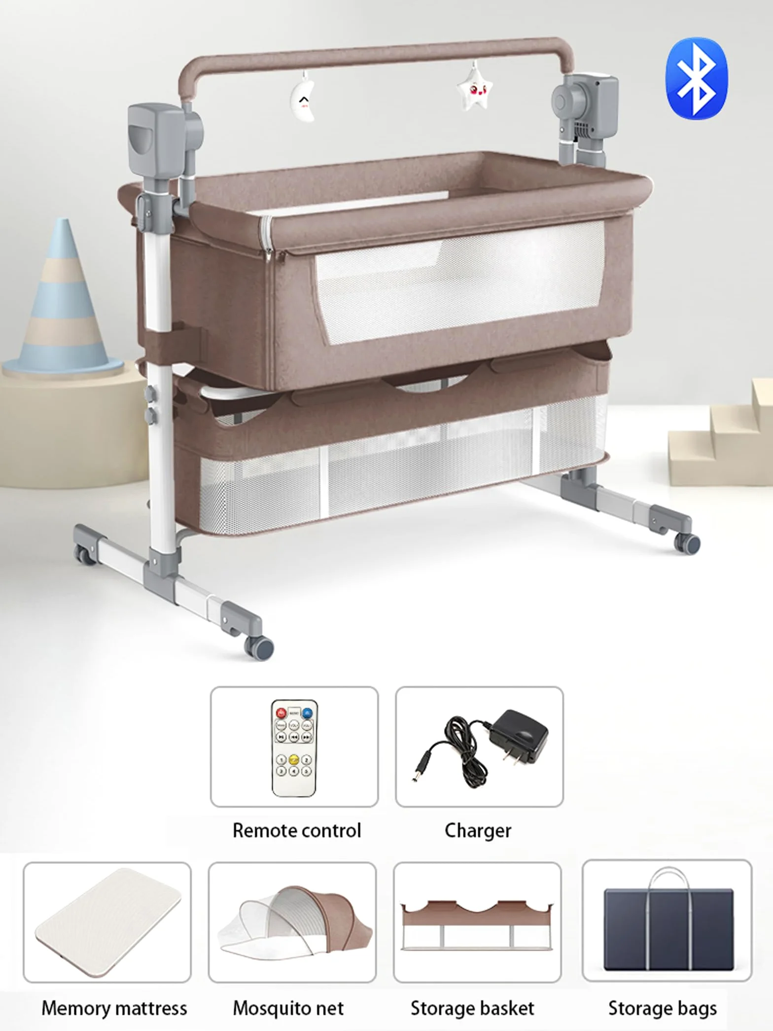 Magic ZC Elektrische Bluetooth Intelligent Beistellbett Baby mit Rollen, Faltbar Co-Sleeping Babybett, Convertible Stubenwagen Wiege mit Fernbedienung, Musik, 5-schwankende Zahnräder (601 Khaki)