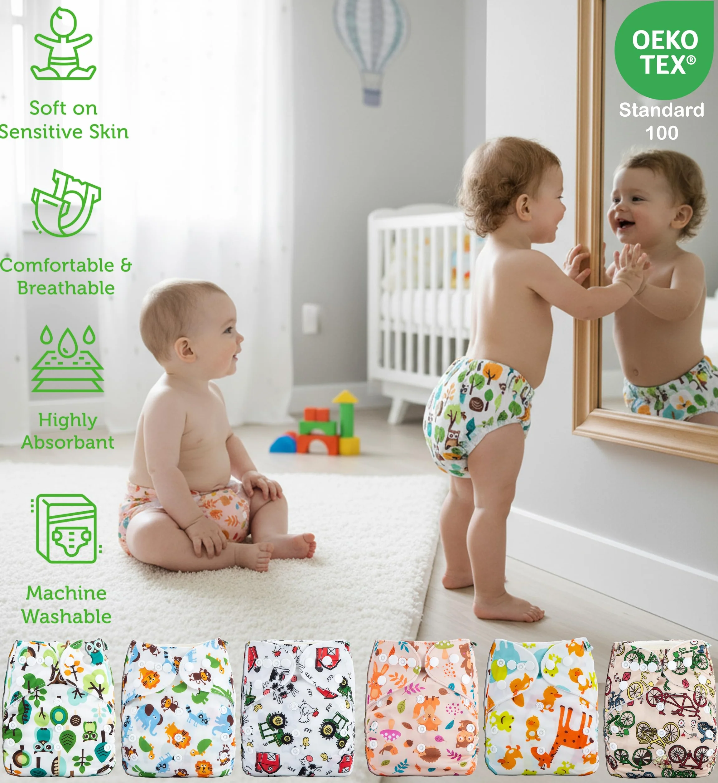 Kolo 6er set wiederverwendbaren Windeln + 6 Waschbare Stoffwindel einlagen bambus + Windeltasche für unterwegs, Unisex verstellbare Stoffwindeln, Mehrwegwindeln babys. Einzig: Oeko-Tex Standard 100