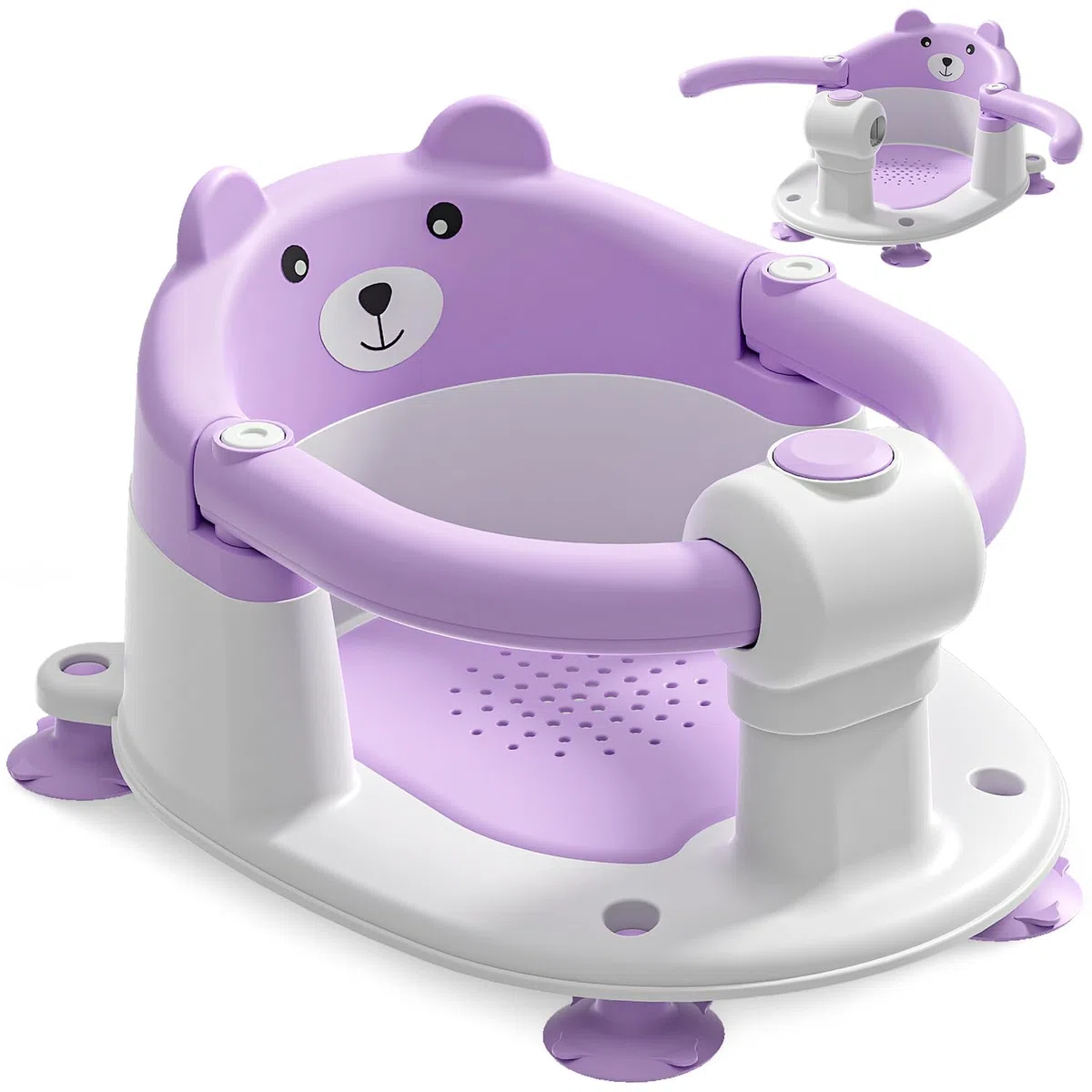 Badewannensitz Baby ab 6 Monate, Bär Rutschfester Badesitz Baby mit 4 Saugnäpfen und Kissen für Kleinkinder und Neugeborene, Sicherer Tragbarer Badstuhl für Dusche oder Badewanne, Lila