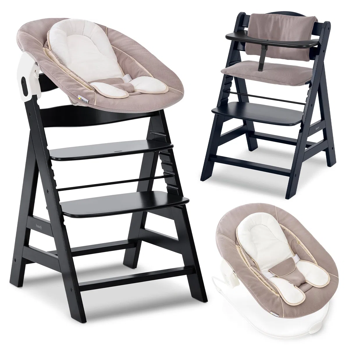 hauck Alpha+ Hochstuhl Newborn Set mit 2in1 Bouncer - Schwarz | Mitwachsender Holz Kinderhochstuhl ab Geburt bis 90 kg | inkl. Neugeborenenaufsatz & Sitzkissen