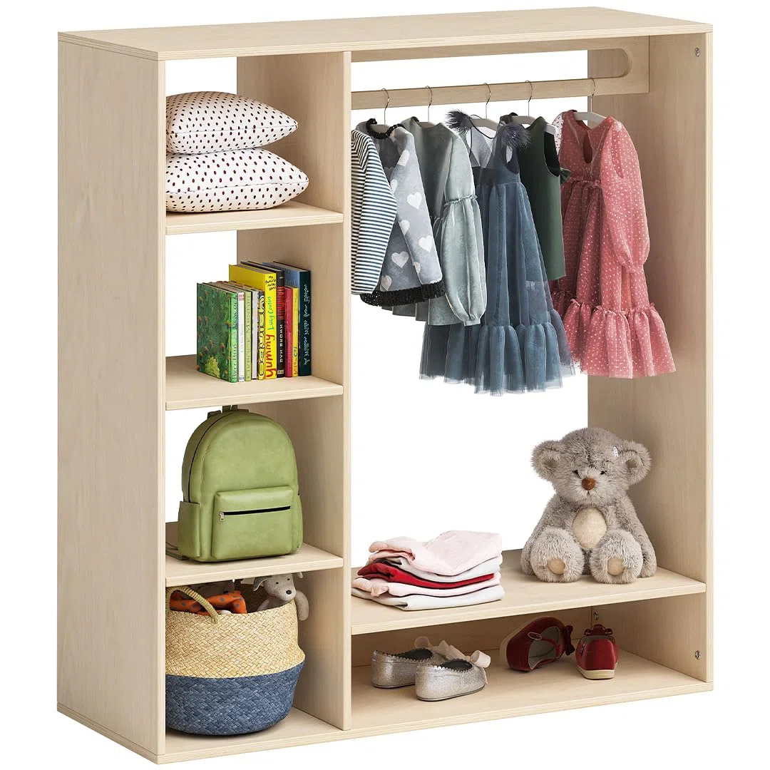 Bellabino Tea Kindergarderobe – Kleiderständer mit 6 Ablageflächen & 1 Kleiderstange in Natur – Montessori Kleiderschrank aus Birkenholz unbehandelt – Garderobe für Kinder – Kinderregal 114x40x105 cm