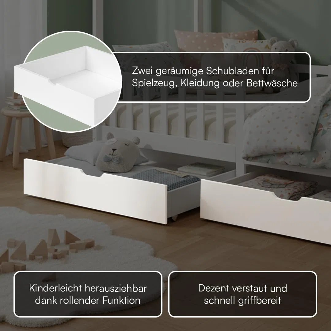 Bellabino Bia Kinderbett 90x200 cm Hausbett mit Rausfallschutz Lattenrost 2 Schubladen Montessori Bett Massivholz Kiefer Weiß