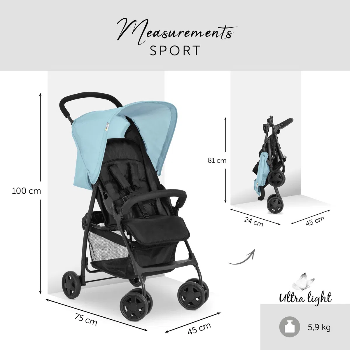hauck Buggy Sport mit Schutzpaket | ultraleichter Reisebuggy mit Regenschutz & Mückennetz | nur 5,9 kg, Liegefunktion, klein zusammenfaltbar, großer Korb (Blau)
