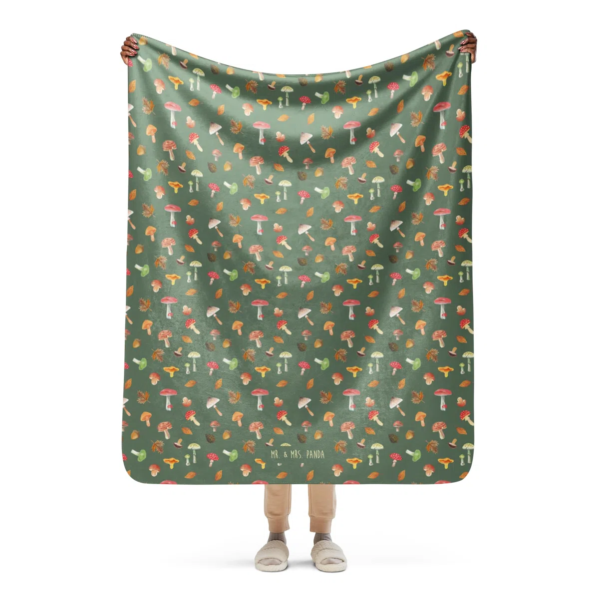 Mr. & Mrs. Panda Decke Pilz Wald 130 x 155 cm - Geschenk, Kuscheldecke, Laub Muster, Pilze, Sofadecke, Wohndecke, Wärmedecke, Heimdecke