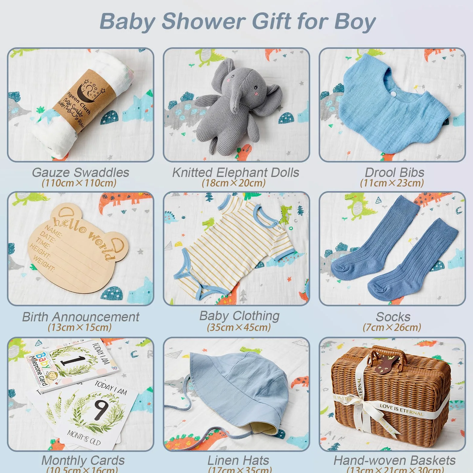 Baby Geschenkset Neugeborenen Geschenke zur Geburt Jungen mit Bambuskorb, Baby Strampler, Elefanten Kuscheltier, Mulltuch, Lätzchen, Mütze, Socken, Baby Essentials Baby Shower Geschenk (Bambuskorb)
