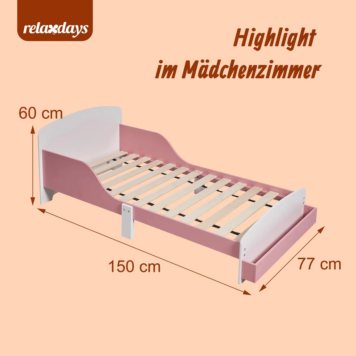 Relaxdays Kinderbett, 70x140 cm, Kleinkindbett mit Rausfallschutz, Lattenrost, Ablage, Kinderzimmer Bett, MDF, rosa/weiß