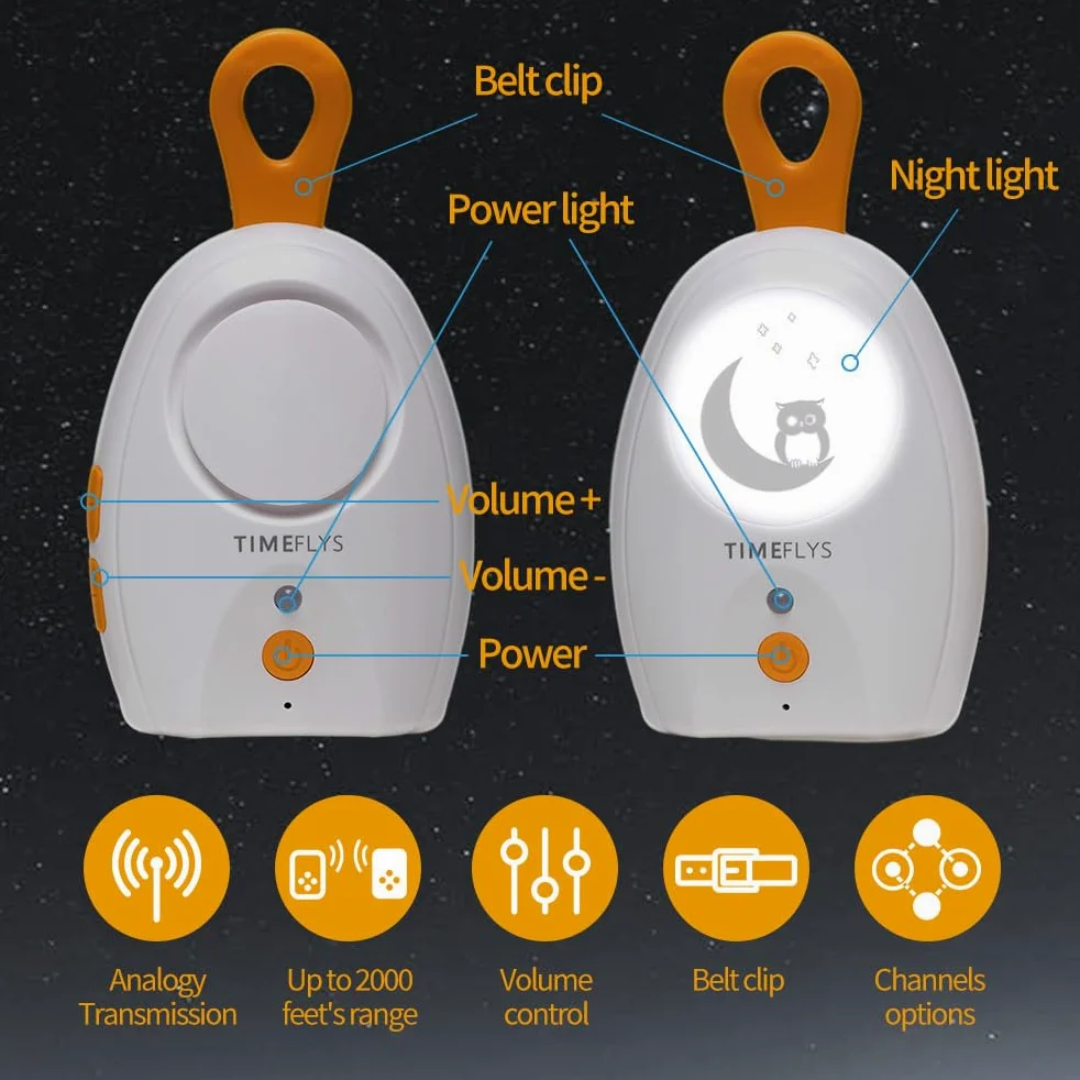 TimeFlys Audio Babyphone Paladin Upgrade Version Tragbar Wiederaufladbar Extra Lange Reichweite Bis zu 2000 Fuß Nachtlicht Kristallklarer Klang Camping