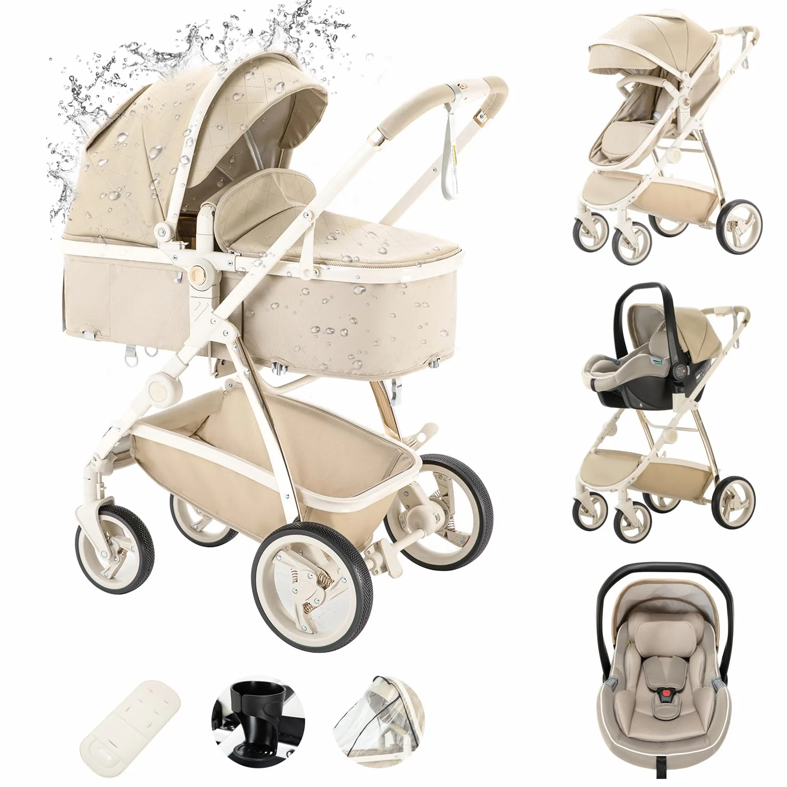 Zkiprm 3-in-1-Kinderwagen, 3-in-1-Reisesystem mit Autositz, mit Regenschutz, Aluminiumrahmen, Stadtwagen, faltbar, mit einer Hand, für Kinder von 0-4 Jahren,Khaqi