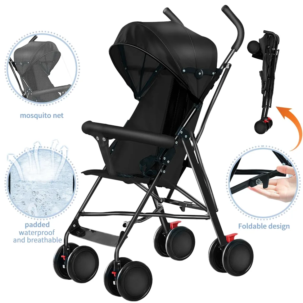 OHMG Kompakter Buggy,Baby Sportwagen,Kinderwagen,ab Geburt bis 4 Jahre Bis zu 25 kg,Leichtes Kinderwagen-Buggy,faltbar und kompakt,mit Baumwollmatte + Moskitonetz (D-Schwarz)