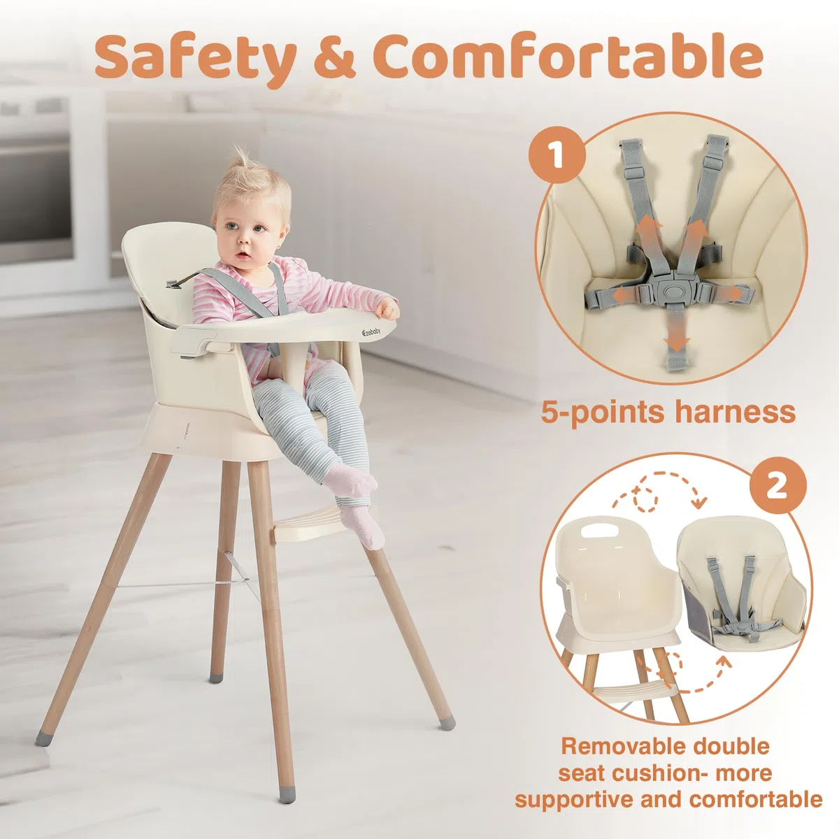 Ezebaby Hochstuhl baby 6 in 1 Sitzerhöhung Kinderstuhl Barhocker, Multfunktional Kinderhochstuhl, Beine aus Holz, mit 5-Punkt-Gurt, Fußstütze, abnehmbare Tablett für Kinder ab 6 Monate (Beige)