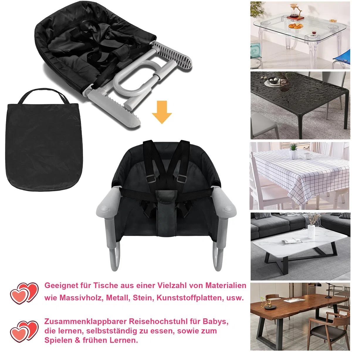 Froadp Faltbar Tischsitze Baby Klappbare Boostersitze Stuhlsitz 6-36 Monate Babystuhl für 2-8cm Dicke Tische Kinder Sitzerhöhung Sitzhilfe Babysitz mit Anti-Rutsch-Klemmen Kapazität 8-15KG (Schwarz)