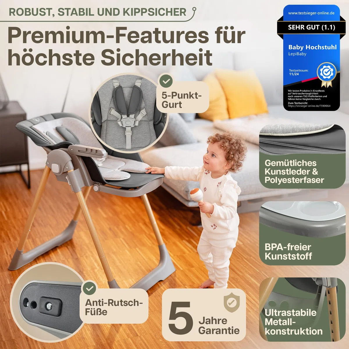 FlexiCo Hochstuhl Baby mit Liegefunktion & Neugeborenenaufsatz, Klappbar & Höhenverstellbar, Grau