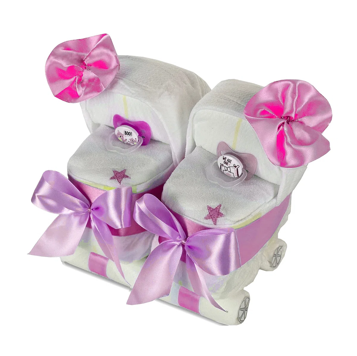 Windeltorte Zwillingswagen rosa - Geschenk für Zwillingsmädchen - Windeltorte Kinderwagen für Zwillinge Mädchen | Geschenk zur Geburt, Babyparty & Babyshower