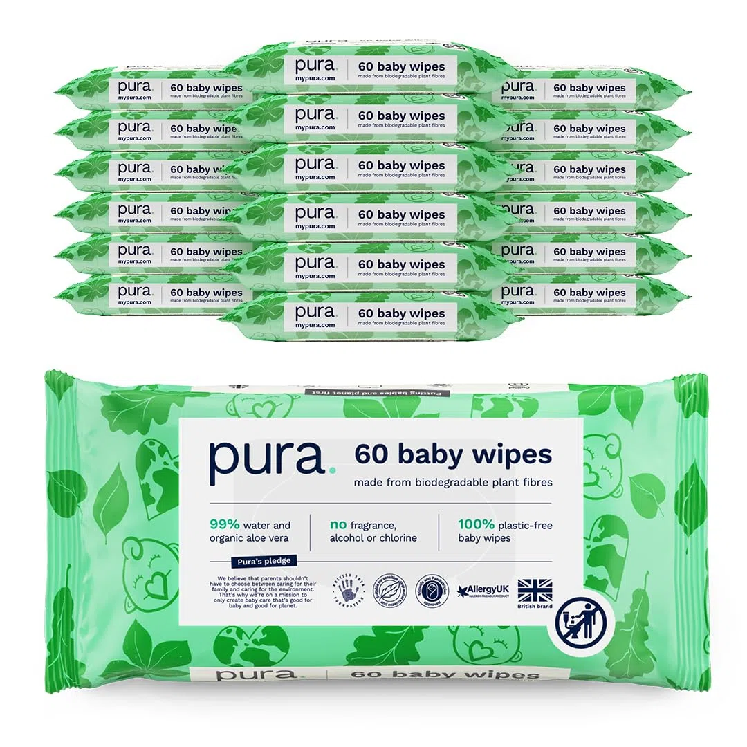 Pura Öko-Feuchttücher für empfindliche Babyhaut, 1080 Tücher (18 x 60 Tücher), Monatsbox, 99% Wasser, 100% Plastikfrei, Biologisch Abbaubar, Hautfreundlich bei Neurodermitis, Neugeborene