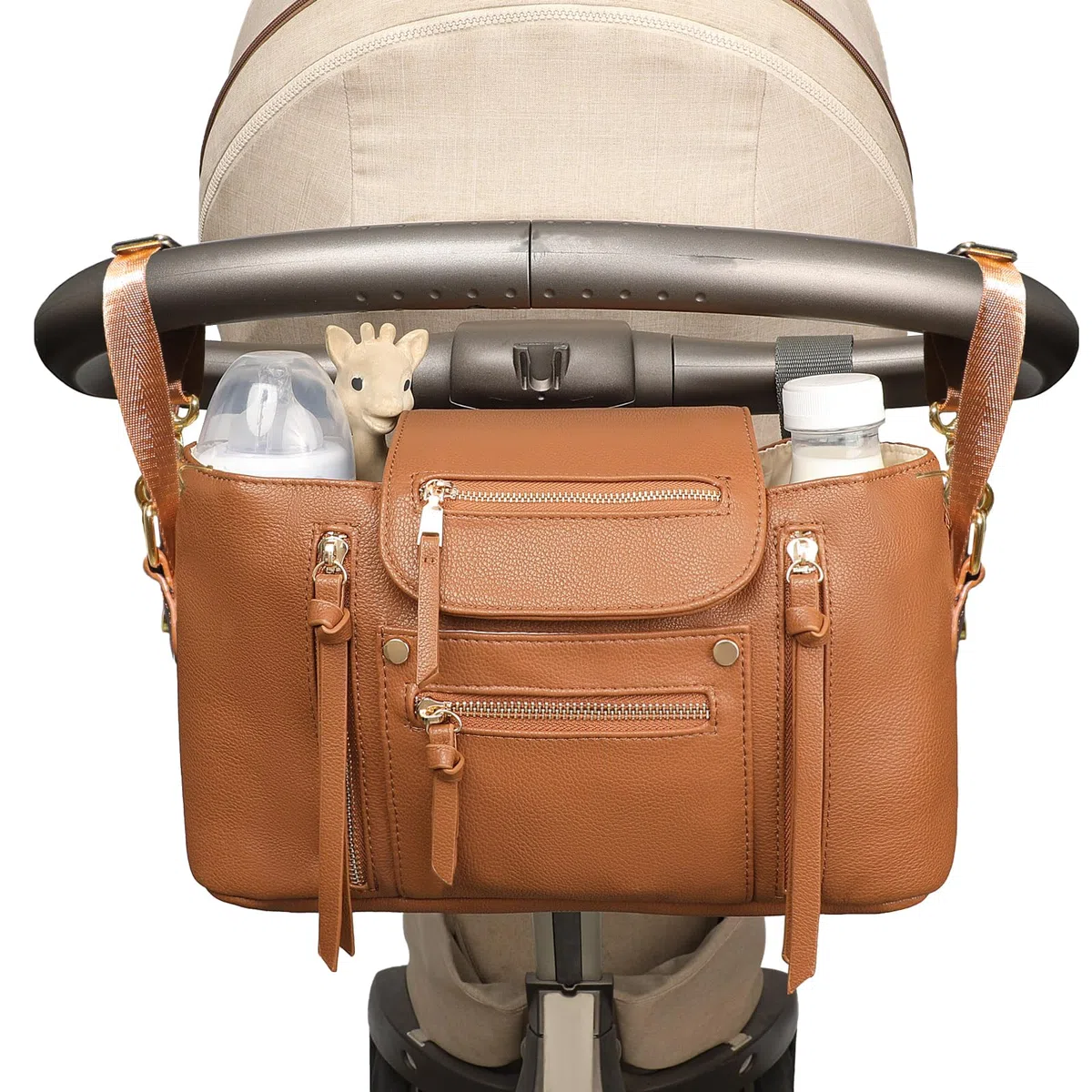 Miss Fong Kinderwagen-Organizer mit isoliertem Getränkehalter, Kinderwagen-Zubehör mit verstellbarem Gurt, passend für alle Kinderwagen (braun)