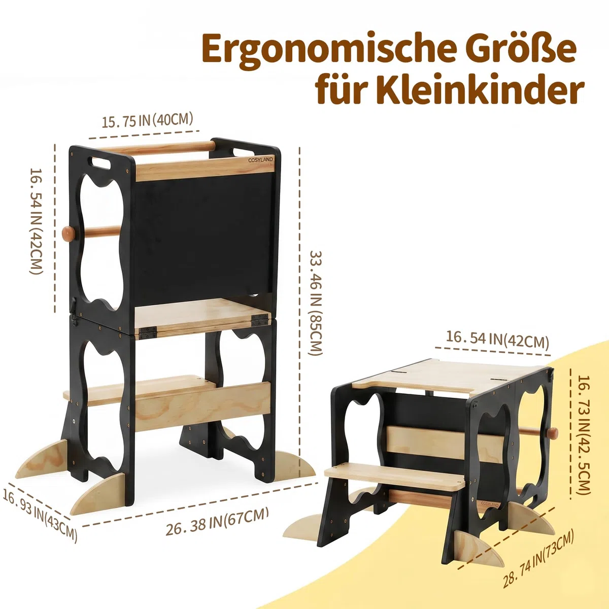 COSYLAND Lernturm Kinder 3in1 Küchenhelfer mit Tafel & Geländer Schwarz | Stabiler Küchenhelfer, wandelbar zu Tisch & Stuhl. Ideal für Lernen, Spielen und Küche. Sicher und zuverlässig.
