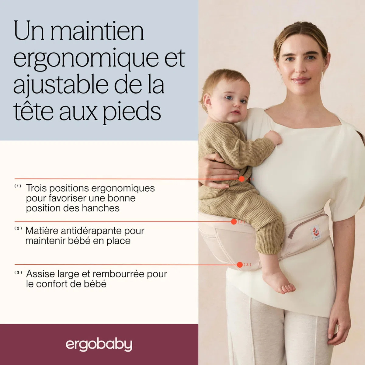 Ergobaby Lift Hip Seat Babytrage mit Babyhüftsitz für Babys und Kleinkinder ab 6 Monaten (7,7 kg - 20,4 kg), Hüftsitz Trage Hüfttrage, Pearl Grey