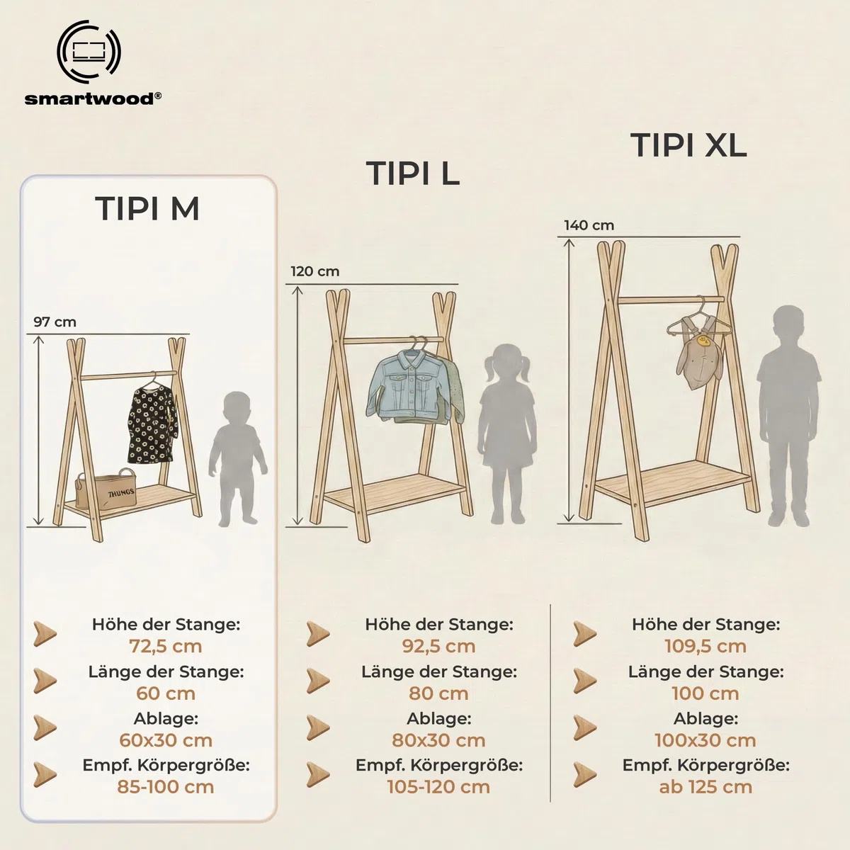 smartwood Kinder Kleiderständer TIPI M 97x63x36 cm - Montessori Garderobe aus FSC-Kiefernsperrholz mit Kleiderstange & Ablage - Garderobenständer mit Tragkraft bis 30 kg