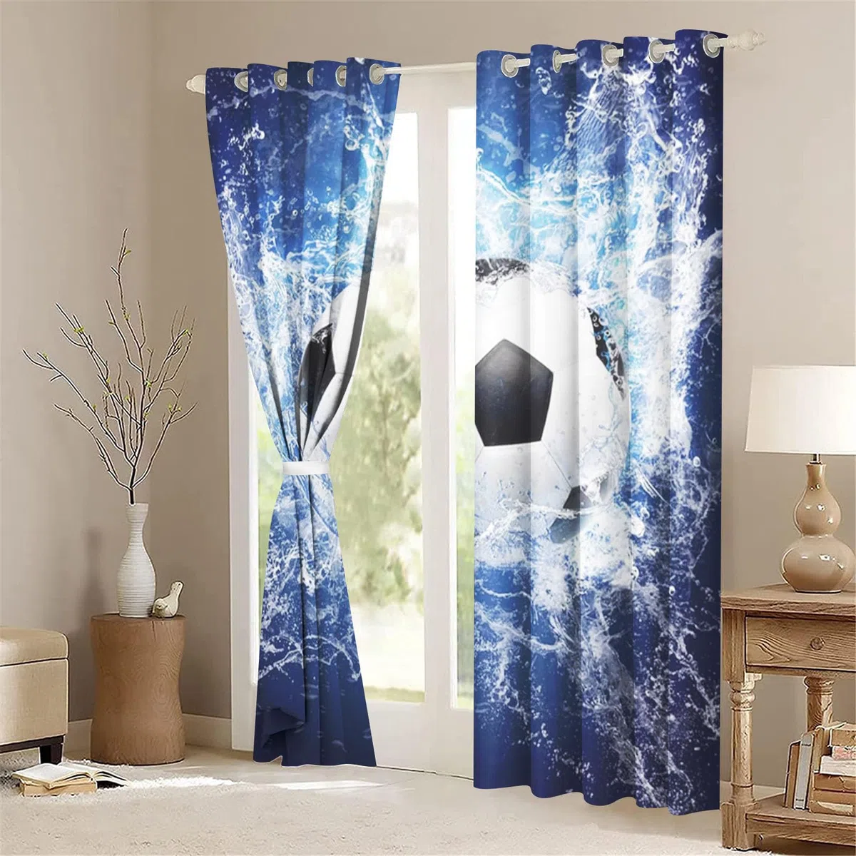 CHEFFS Fußball Gardinen Verdunklungsgardine Ösen Für Schlafzimmer, Fußball Vorhänge Blickdicht Verdunkelungsvorhang Fußball Für Kinderzimmer (1,150 x 166cm(2X75X166cm))