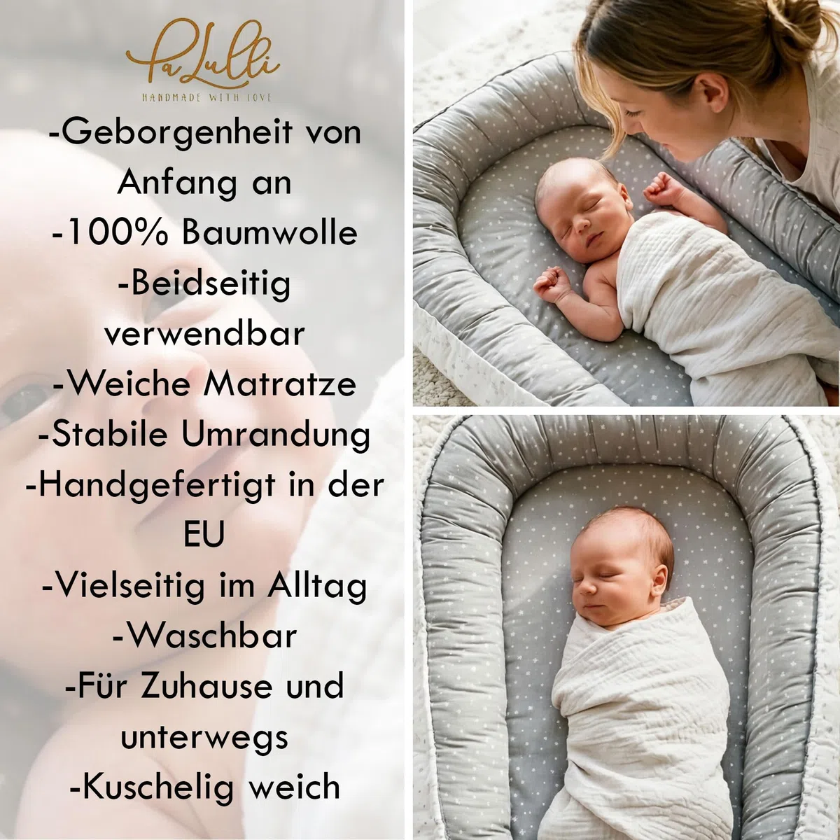 PaLulli Babynest Babynestchen 50x90 cm Babykokon, 2seitig, 100% Baumwolle, Nestchen für Babybett, Kuschelnest, Kissen, Reisebett für Baby und Säuglinge (Sterne F)