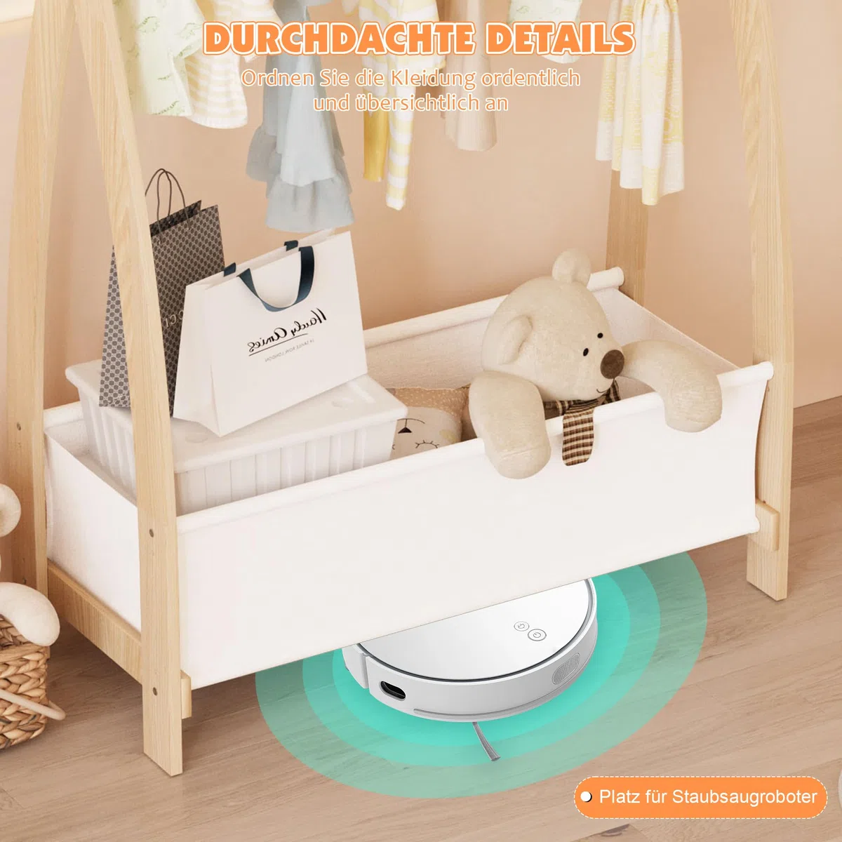 KEEPREAPER Kinder Kleiderständer Holz, Garderobenständer mit Aufbewahrungskiste und Kleiderstange, Kindergarderobe für Kinderzimmer, Mädchen (82 x 43 x 180cm)