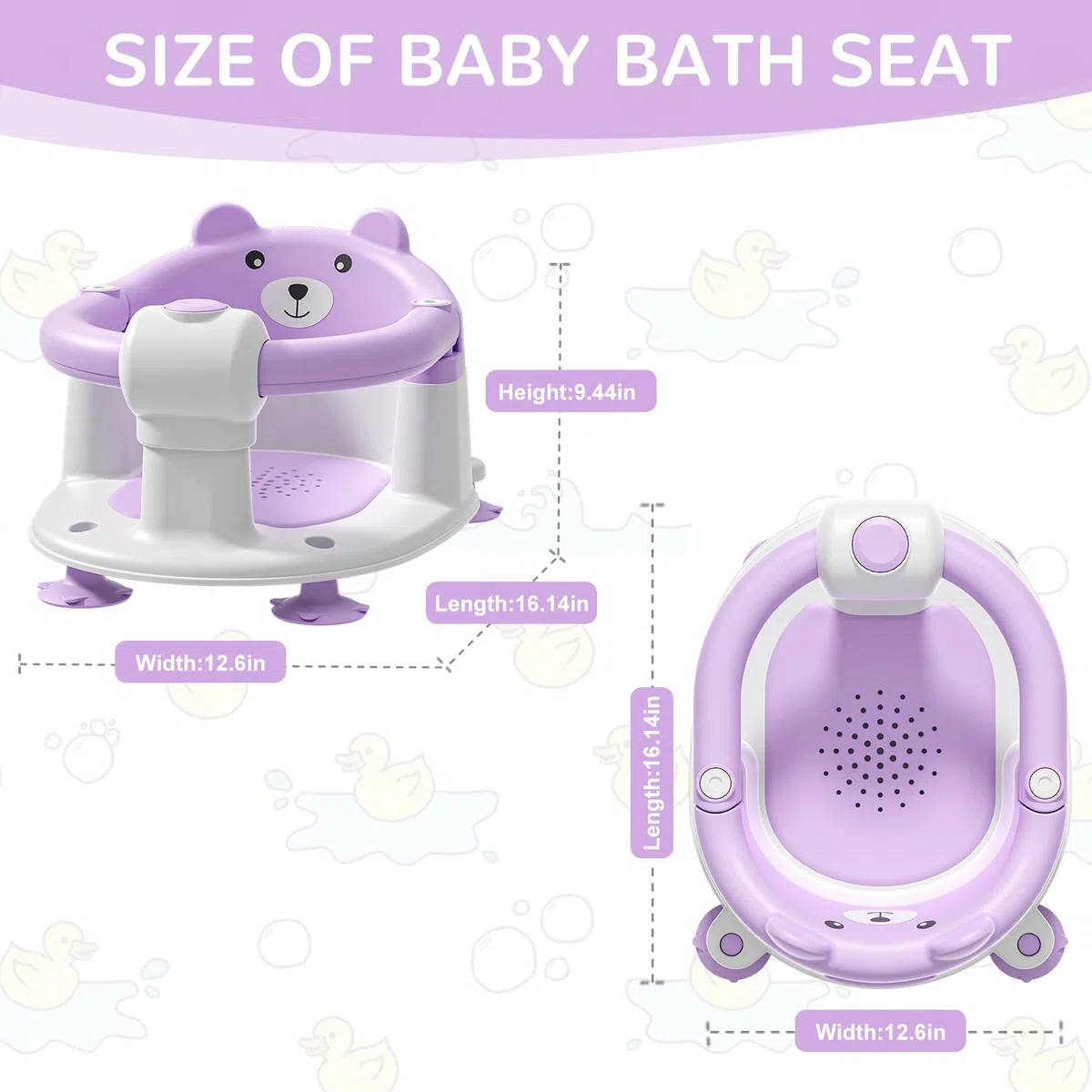 Badewannensitz Baby ab 6 Monate, Bär Rutschfester Badesitz Baby mit 4 Saugnäpfen und Kissen für Kleinkinder und Neugeborene, Sicherer Tragbarer Badstuhl für Dusche oder Badewanne, Lila