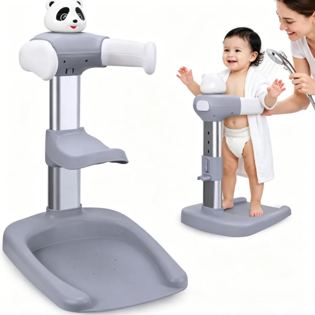 ALLUMK Höhenverstellbare Baby Badehilfe mit süßem Panda Design, Anti-Rutsch-Basis, ergonomischer Badeständer für sicheres stehendes Baden von Kleinkindern