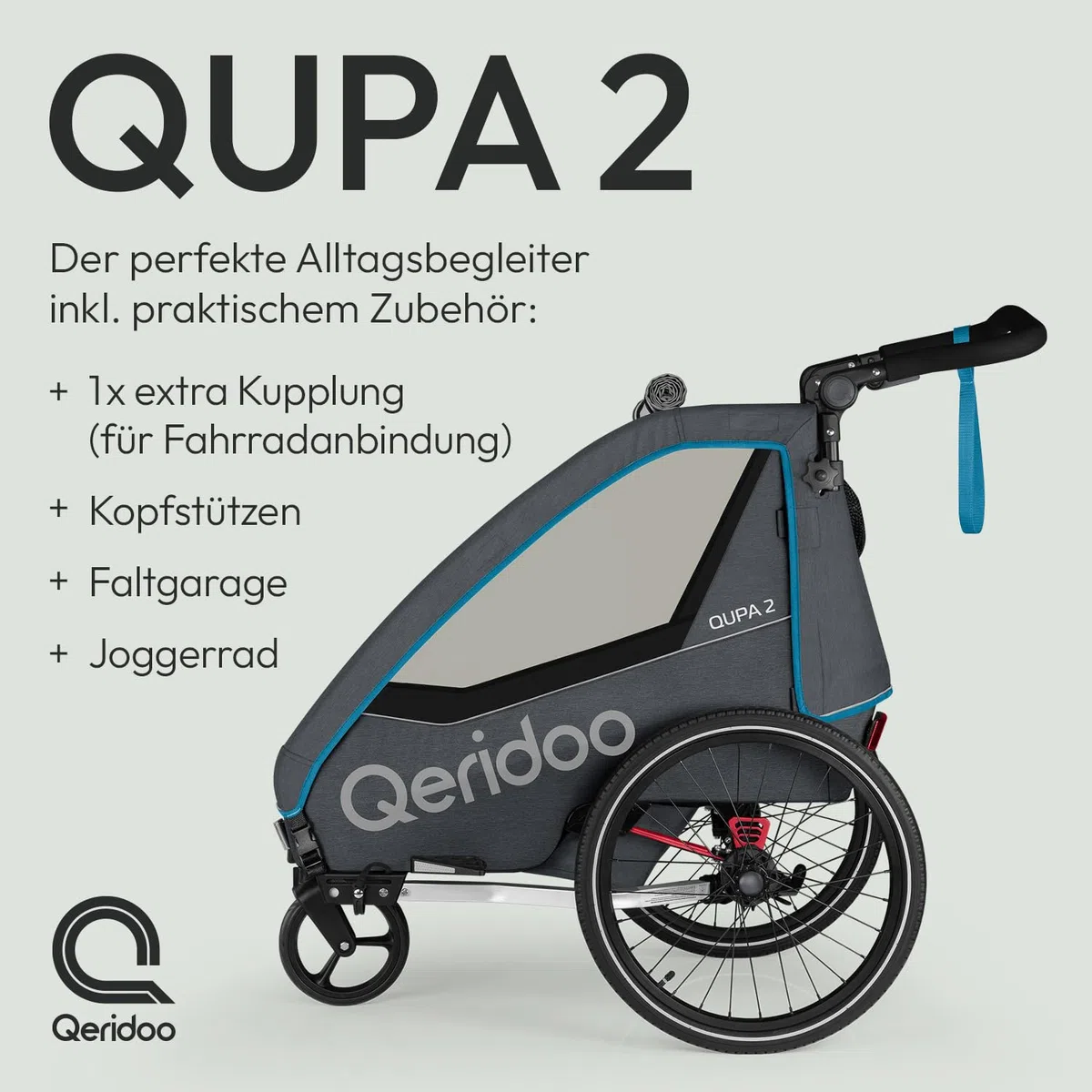 Qeridoo QUPA 2 Blue Comfort Sport Set | Fahrradanhänger 2 Kinder mit Joggerrad, Kupplung & Faltgarage | Kinderfahrradanhänger | Fahrrad Anhänger Kinder | Kinderanhänger Fahrrad | Jogger Kinderwagen