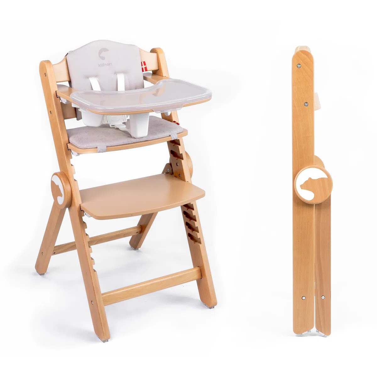 Drömmer Unique Holzhochstuhl bis 75kg Mitwachsender Faltbarer Hochstuhl aus Buche für Kinder mit Sitzkissen 5 Punkt Gurt