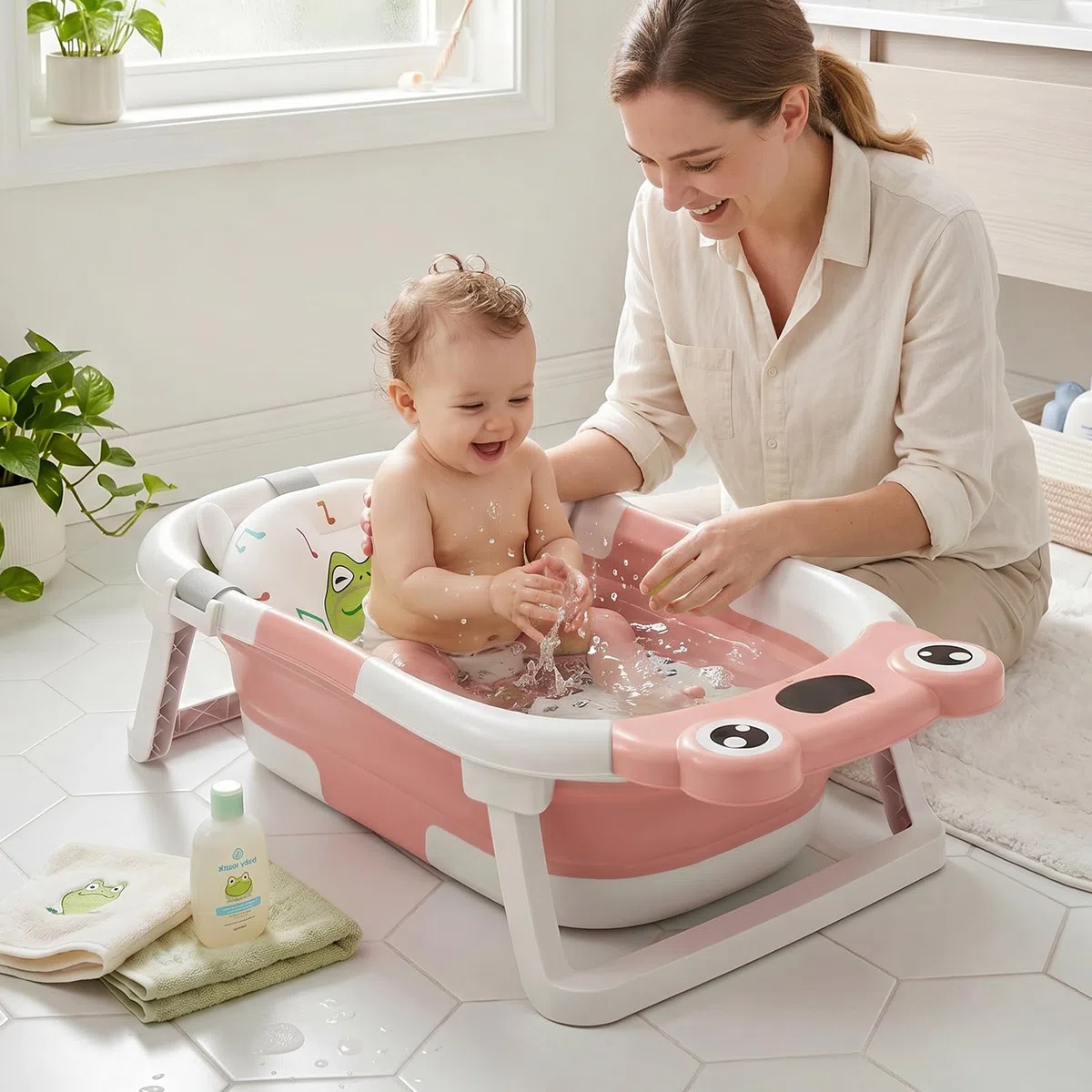DEANIC Faltbare Baby Badewanne, Babybadewanne Neugeborene von 0-24 Monaten Geeignet, Portable Baby Bathtub Nimmt Keinen Platz Weg, Baby Wanne (Rosa)