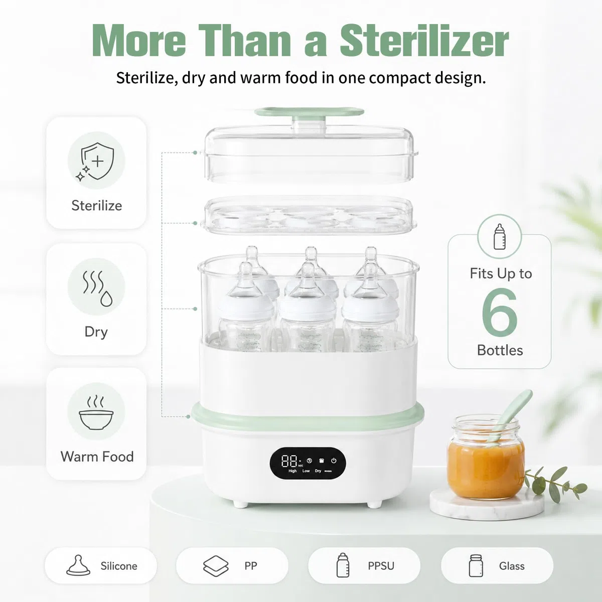 Dampfsterilisator und Trockner für Babyflaschen – 4-in-1 Elektrischer Flaschensterilisator für Flaschen, Milchpumpen-Zubehör, Einstellbarer Timer, 6 Flaschen Kapazität, Automatische Abschaltung