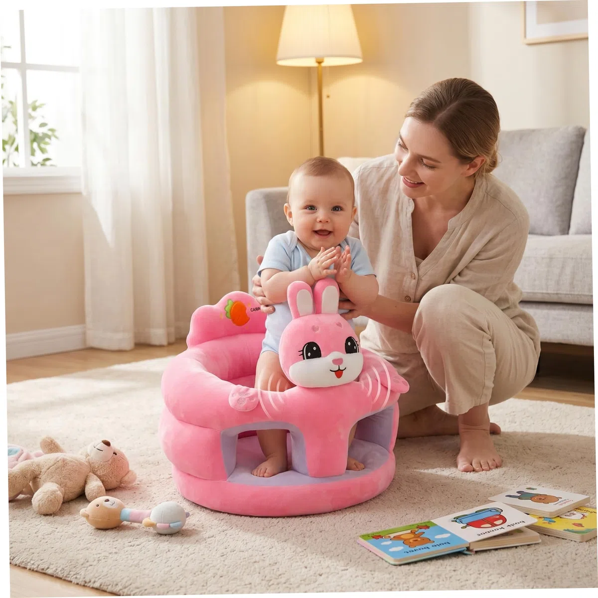 Babysitzstuhl, Sit Me Up-Bodensitz für Babys, tragbarer Sitzstuhl mit ergonomischer Unterstützung und weichem Plüschstoff, Hasendesign für Kleinkinder von 3 bis 12 Monaten, Sitze für Kleinkinder ab 3