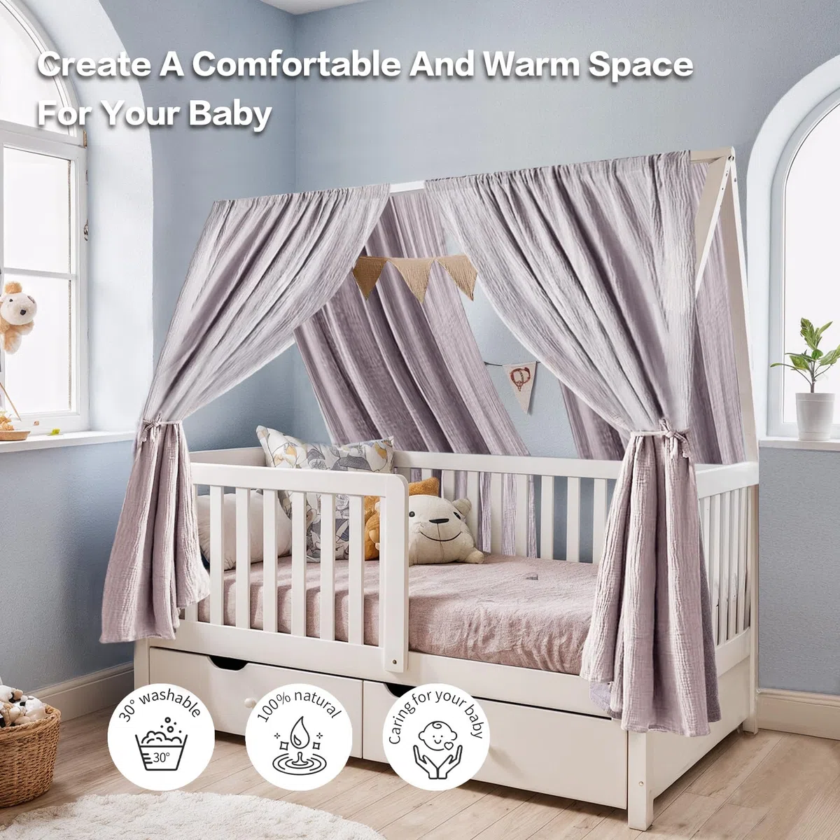 Hausbett Himmel mit Gold Applikation 2 Stück, handgefertigt aus 100% Baumwoll-Musselin, Stoffhimmel zur Hausbettdekoration, für Mädchen und Jungen (Dunkelbeige, 2er Set 65 x 270 cm)