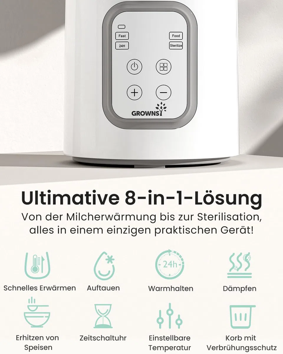 Flaschenwärmer, GROWNSY 8-in-1 schneller Babymilchwärmer mit Timer für Muttermilch oder Formula, genaue Temperaturkontrolle,mit Auftau,Sterilisier,Aufbewahrungs,Erwärmungsfunktion für Babykostgläser