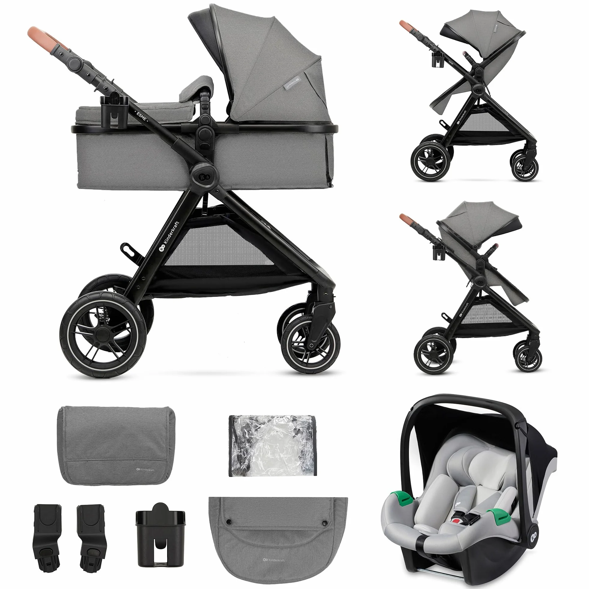 Kinderkraft ESME Kinderwagen 3 in 1 Komplettset bis 26 kg, Kombikinderwagen Reisesystem mit Babyschale I-size 40-75 cm, Zusammenklappen, Liegeposition, Grau