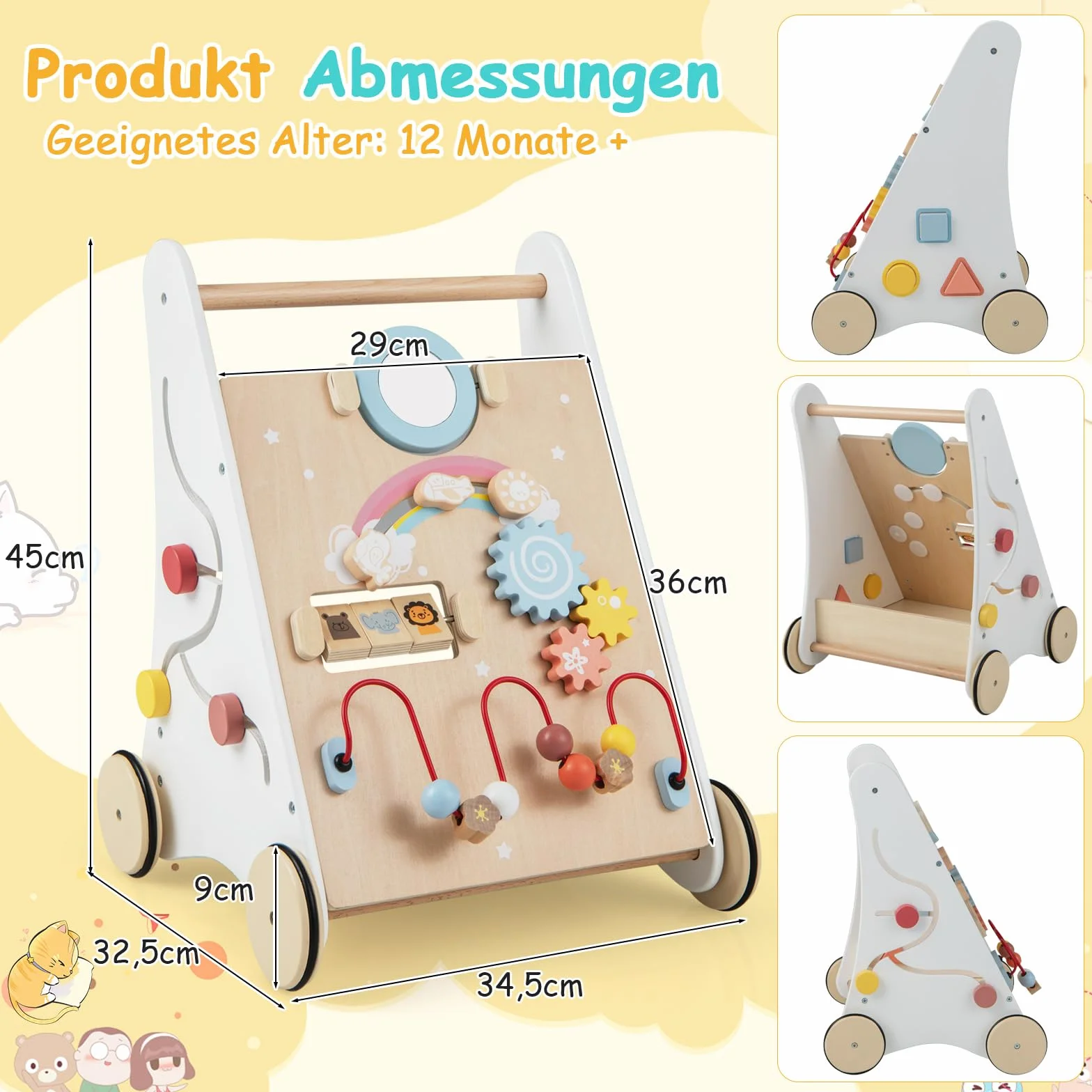 COSTWAY Lauflernhilfe aus Holz, 7 in 1 Lauflernwagen mit Spielbrett, Spiegel & Bauklötzen, Laufwagen zum Schieben mit Aufbewahrungsbox, Laufhilfe Baby ab 1 Jahr (Weiß + Natur)