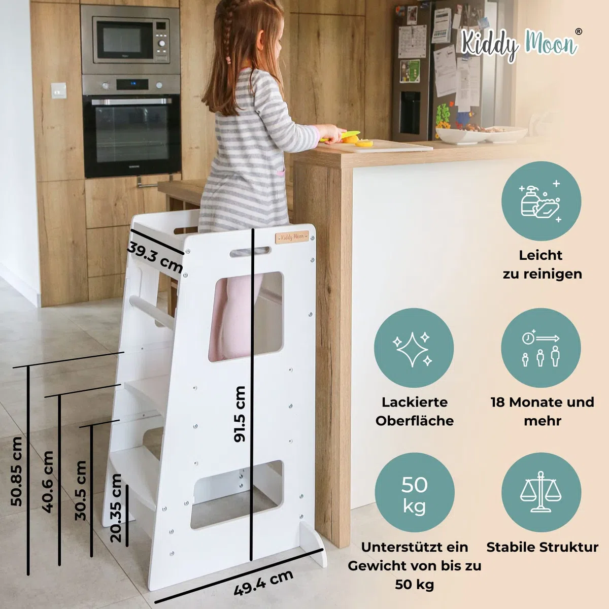 KiddyMoon Lernturm Für Kinder Ab 1 Jahr, Anti-Kipp-Schutz, 3-Fach Höhenverstellbar, Schutzbügel, Montessori Küchenhelfer, Weiß