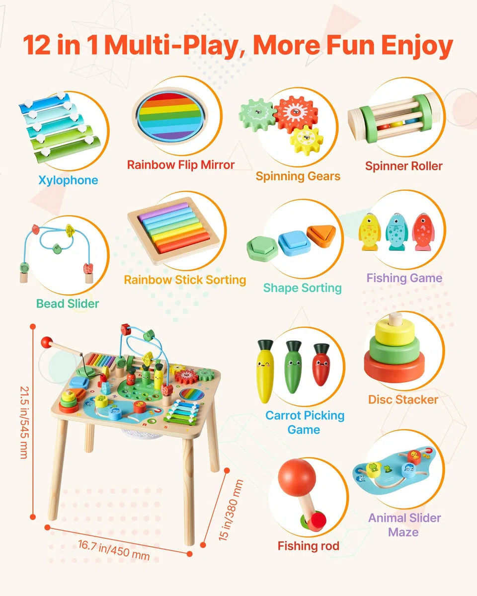 VEVOR Holz Aktivitätstisch, Montessori Spielzeug, 13-in-1-Lerntisch, Spieltisch Aktivitätstisch für Kinder ab 6 Monaten, Geburtstag, Weihnachten oder Kindertag, 6-36 Monate