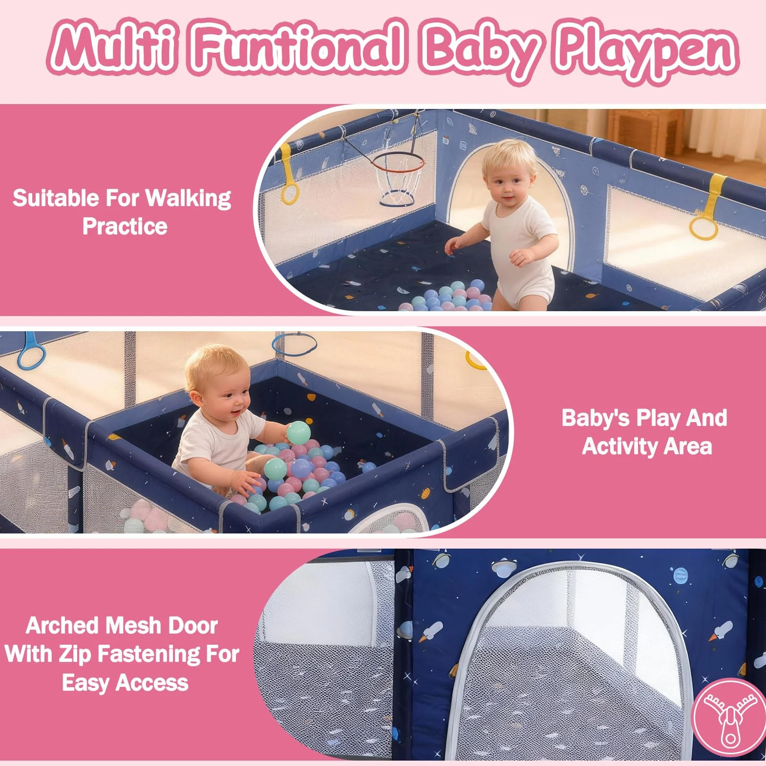 Laufstall Baby 130 x 130 x 66 cm, Laufgitter Baby, Laufstall mit Zugringen, Bällen, Atmungsaktivem Netz, Rutschfestem Boden, Sicherheitsspielplatz Schutzgitter für Kinder (Cartoon,130CM)