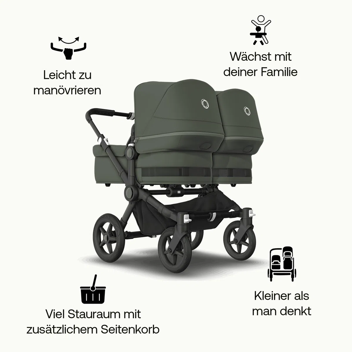 Bugaboo Donkey 5 Twin Erweiterungsset, verwandelt deinen Donkey 5 Mono in einen Zwillingskinderwagen,verbessertes Side By Side-Design, wendbarer Sitz und Ein-Hand-Steuerung, Forest Green